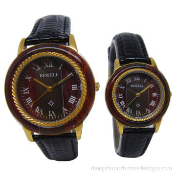 Fashionable Lovers Watch with Mix Color Bezel of Maple/Red Sandalwood, Leather Band, Various Design